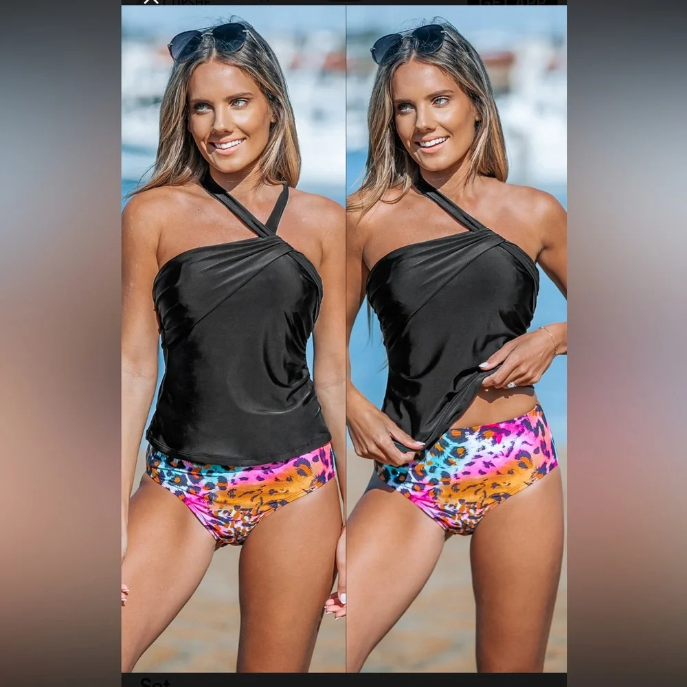 Cupshe Asymmetric Tankini Top & Colorful Leopard Print Bottoms Set - Picture 1 of 5